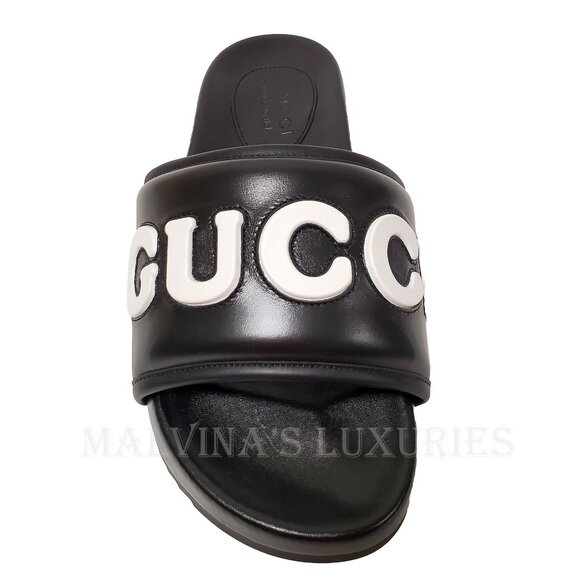 GUCCI SHOES MENS BLACK LEATHER JUMBO LOGO SLIDES FLATS SANDAL sz 8 / 8.5 US - Picture 7 of 15